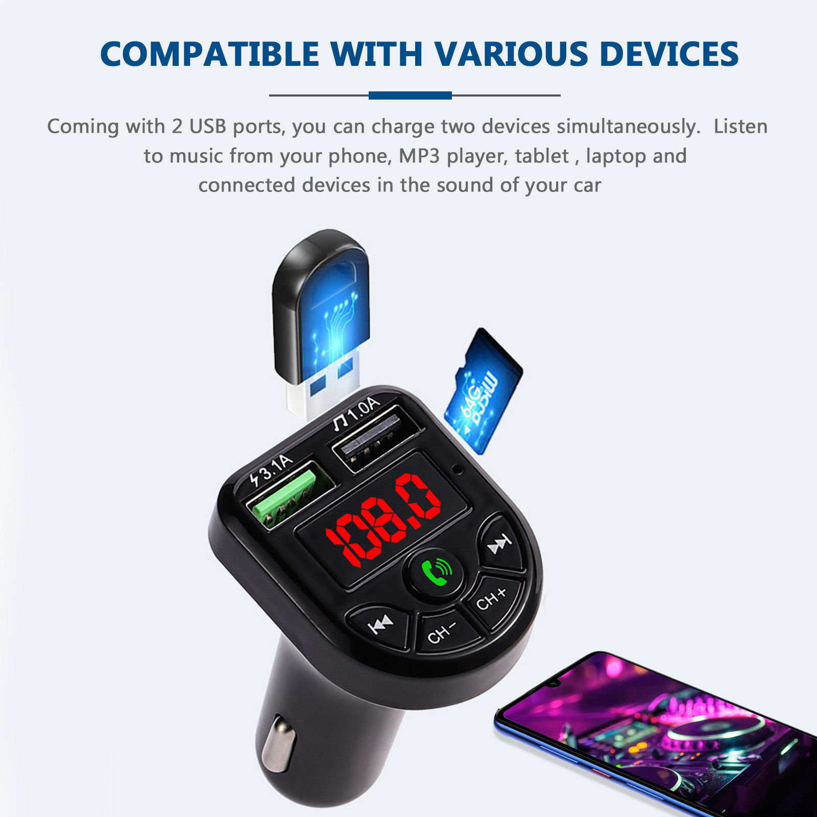 Wireless Car Charger - ワイヤレスカーアダプター（ハンズフリー通話、ナビゲーション用）、デュアルUSB急速充電器、MP3ラジオトランスミッター