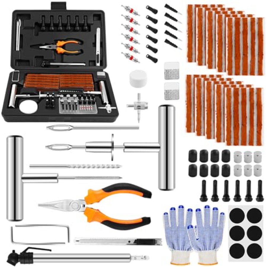 Car Emergency Tool Kit - 頑丈なステンレス製タイヤ修理キット - 110個入りタイヤ修理ツール、緊急用プラグ付き、車、トラック、RVの迅速なパンク修理用